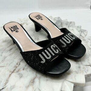 Juicy Couture Women Sz7 Crystal Logo Black High Heel Sandals Bling Slip On Shoes